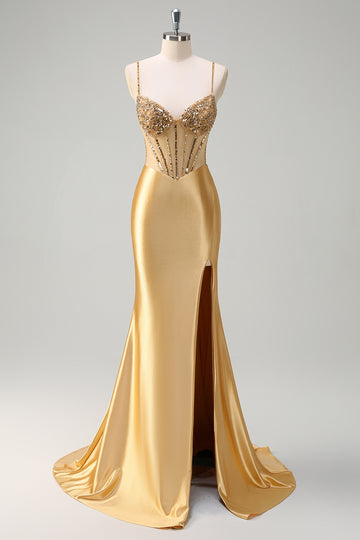 Scintillante sirena d'oro Spaghetti Straps Corsetto Abito da cerimonia lungo con fessura
